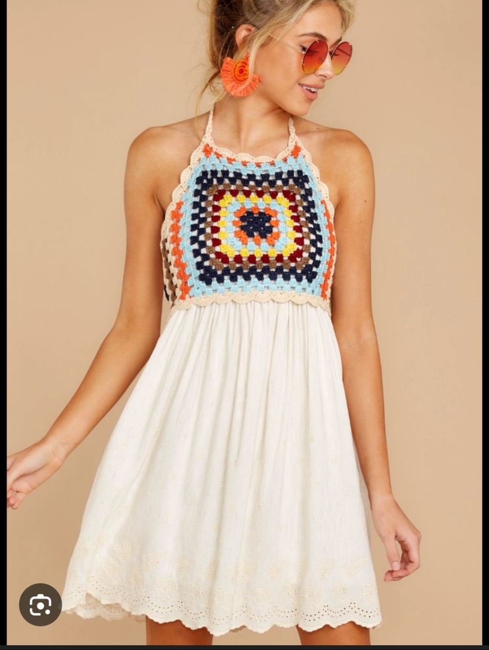 Squared Away Beige Multi Crochet Halter Dress